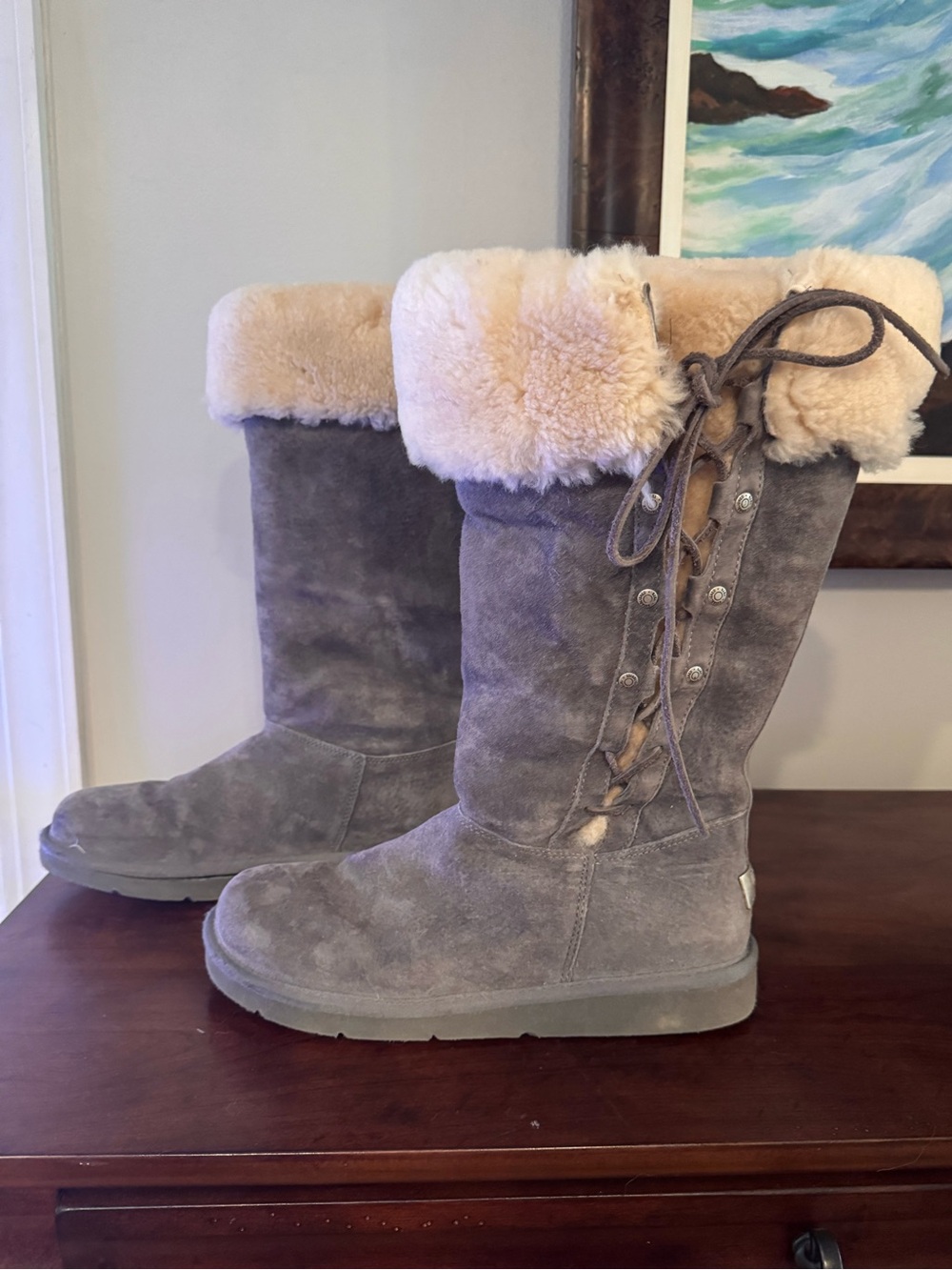 UGG Gray Suede Shearling Tall Lace-Up Boots